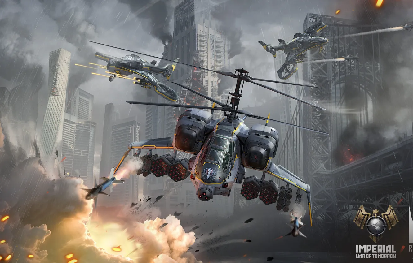 Фото обои взрыв, атака, разрушения, Helicopters, Imperial - War of Tomorrow