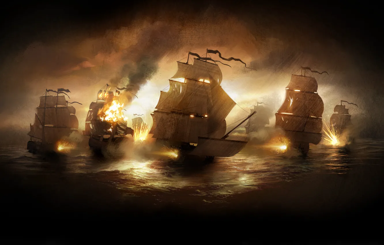 Фото обои закат, океан, огонь, корабли