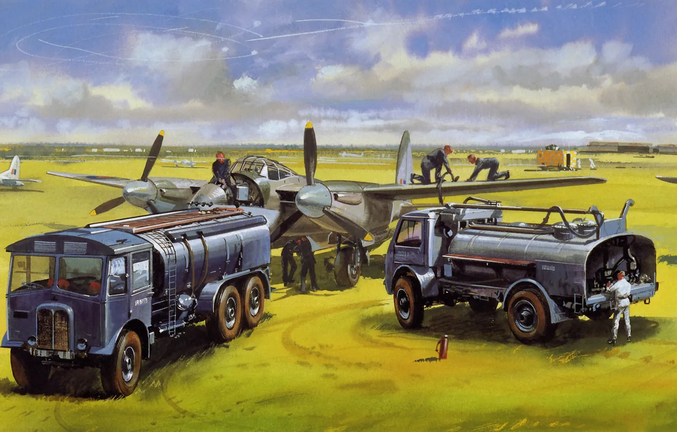 Фото обои поле, рисунок, самолёты, заправщики, война.аэродром.взлётное, обслуживающий. персонал