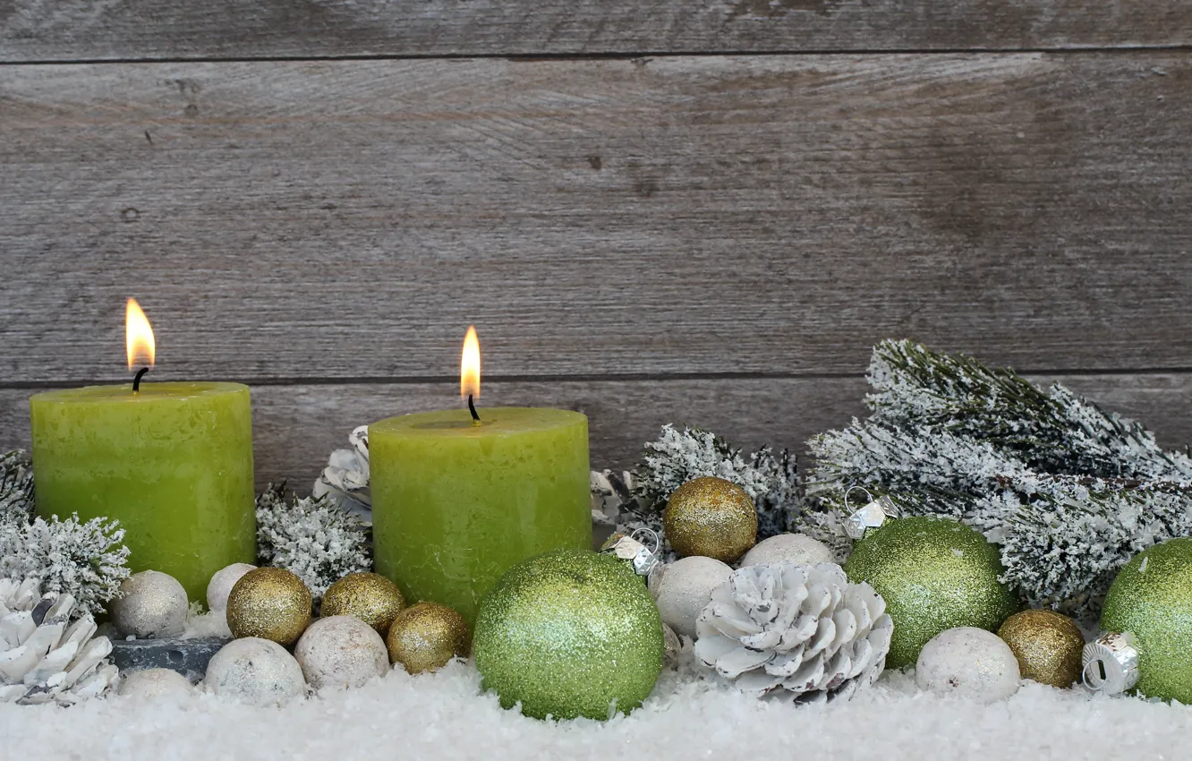 Фото обои снег, шары, свечи, Новый Год, Рождество, merry christmas, decoration, xmas