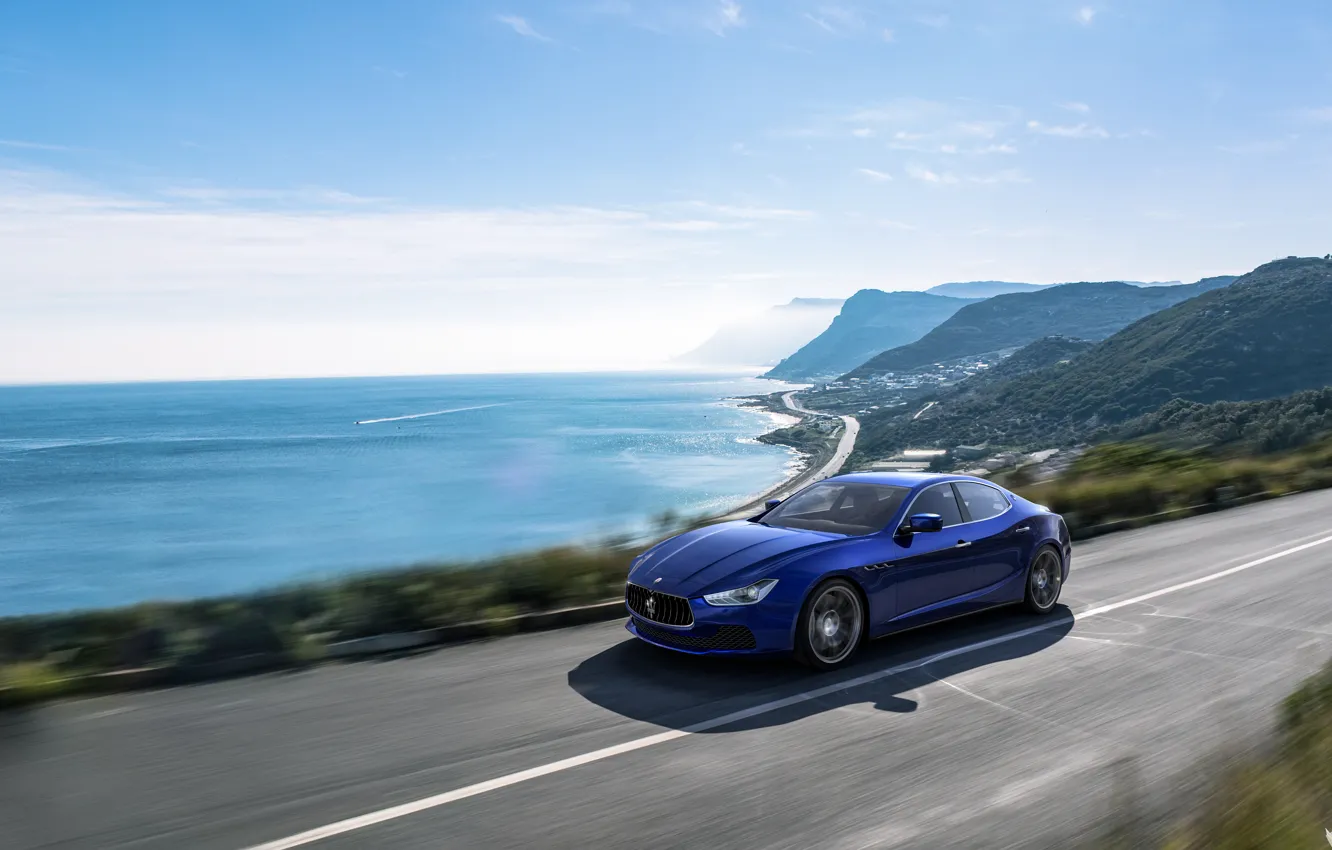 Фото обои Maserati, Море, Синий, Машина, Car, Пейзаж, Побережье, Render