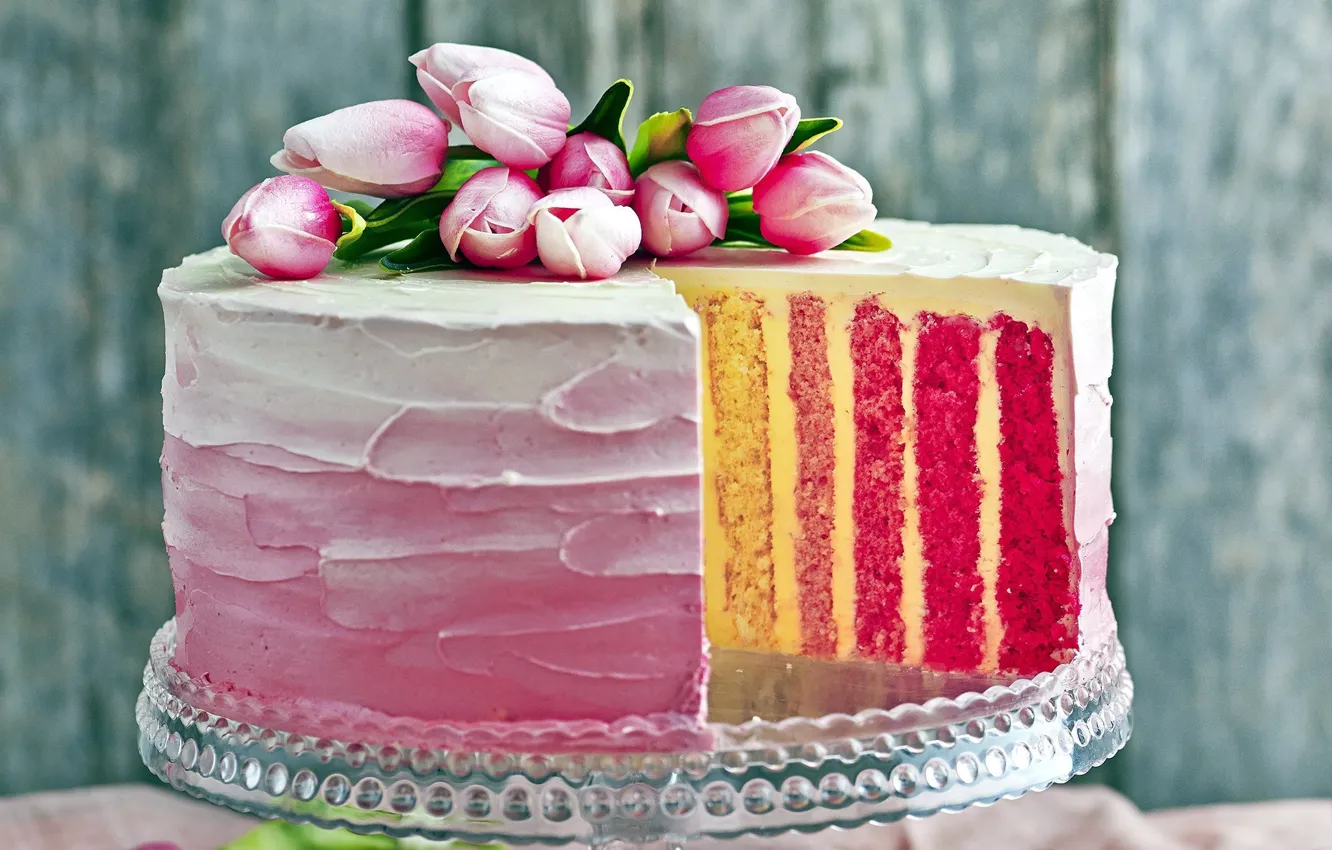 Фото обои тюльпаны, торт, украшение, крем, сладкое, многослойный