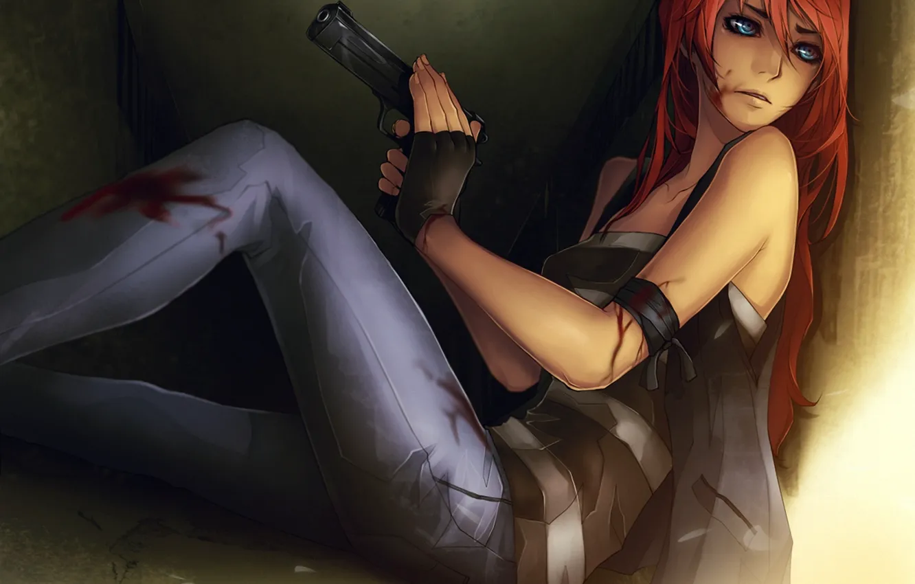 Фото обои девушка, пистолет, оружие, стена, кровь, арт, рыжая, рана