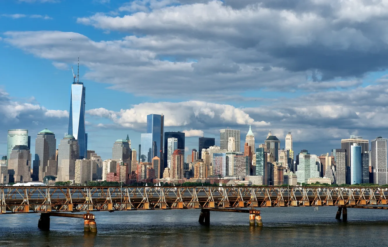 Фото обои мост, здания, Нью-Йорк, панорама, Манхэттен, Manhattan, New York City, Upper Bay