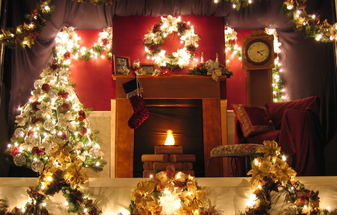 Фото обои украшения, огни, комната, праздник, елка, новый год, камин