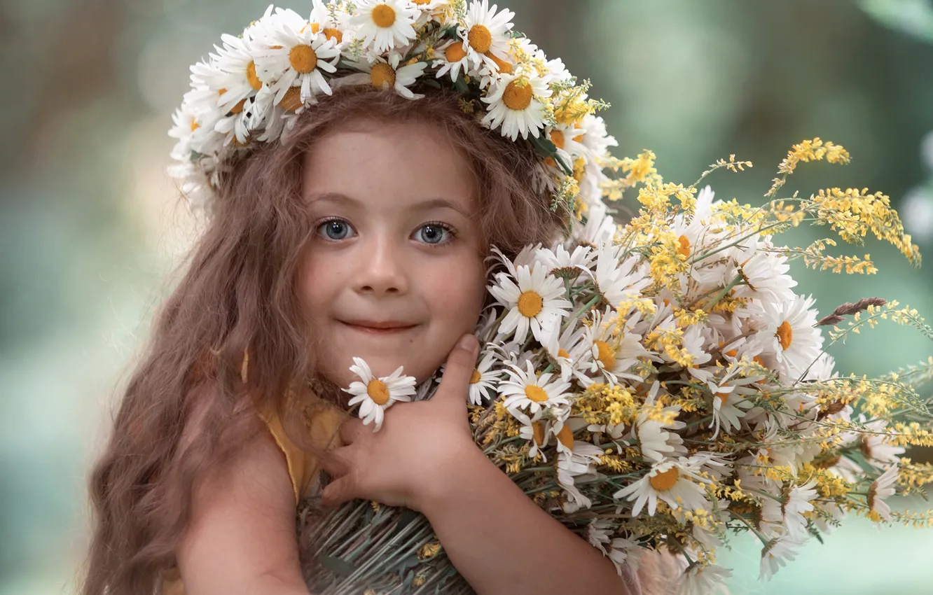 Фото обои взгляд, цветы, лицо, ромашки, букет, девочка, венок, длинные волосы
