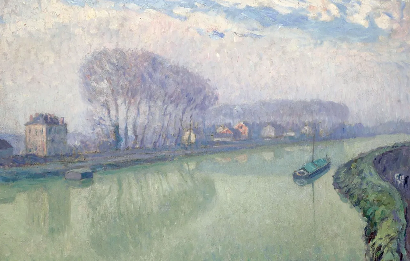 Фото обои пейзаж, река, картина, Henri Lebasque, Анри Лебаск, Марна в Помпоне