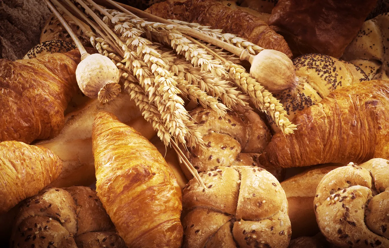 Фото обои мак, колоски, хлеб, булка, круассан