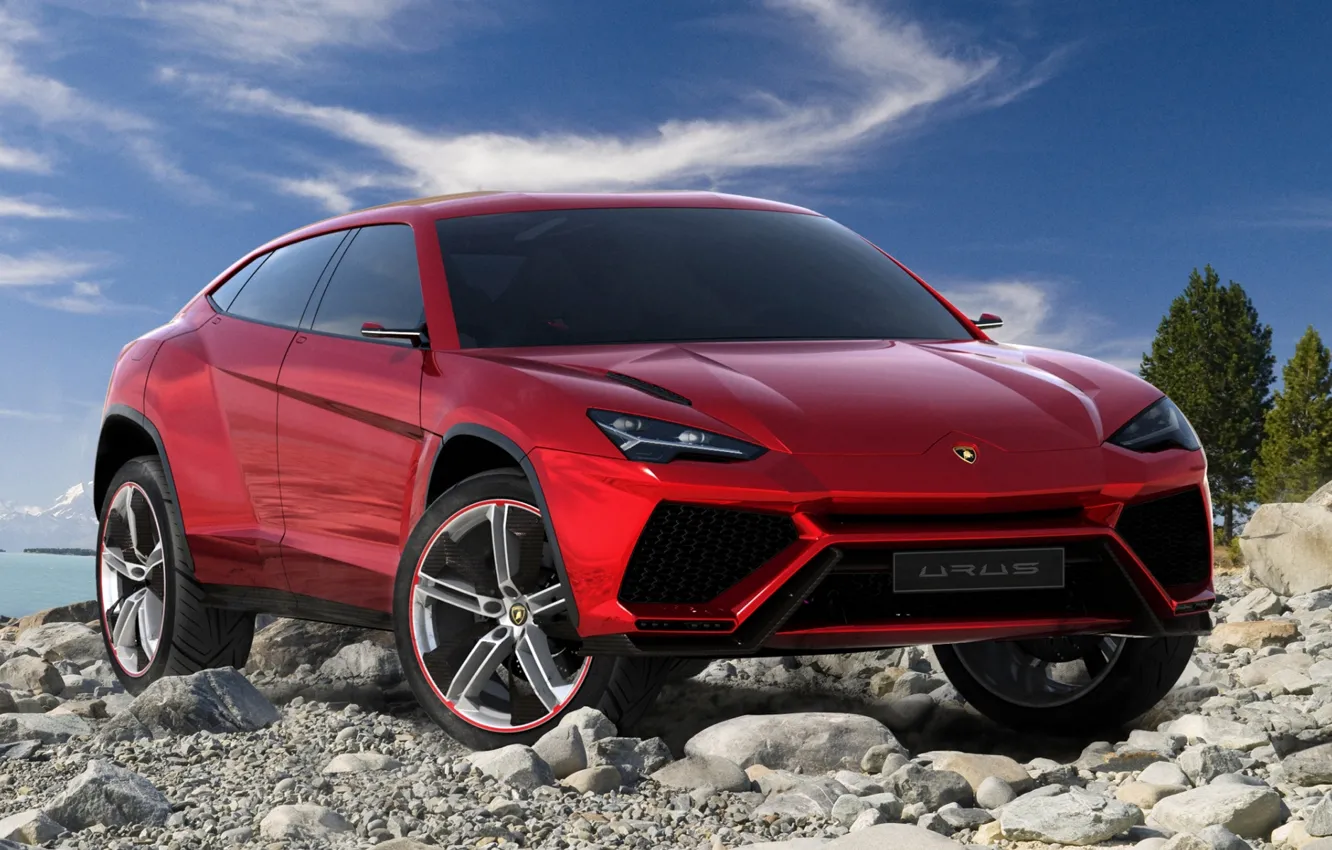Фото обои Concept, небо, красный, камни, Lamborghini, джип, концепт, передок