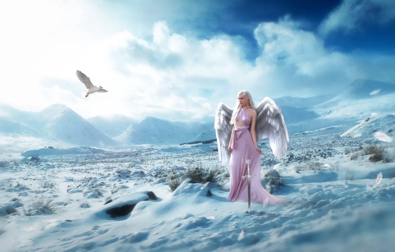 Фото обои зима, поле, небо, девушка, облака, снег, полет, горы