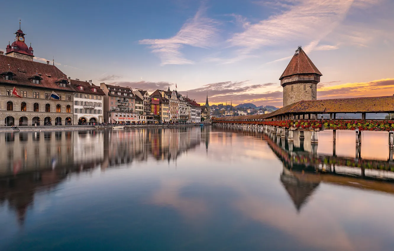 Фото обои мост, отражение, река, здания, дома, Швейцария, Switzerland, Люцерн