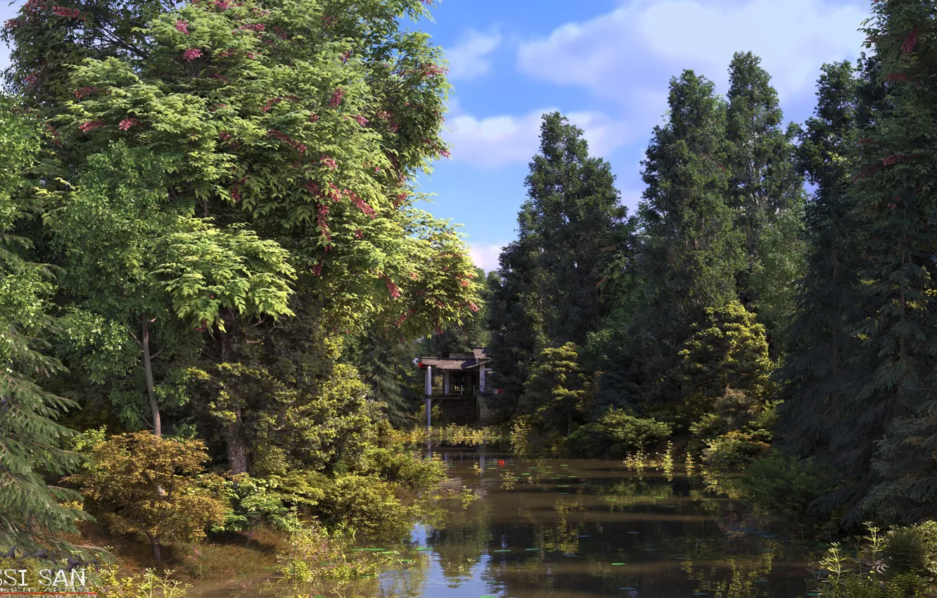 Фото обои природа, растительность, строение, водоём, nature renders
