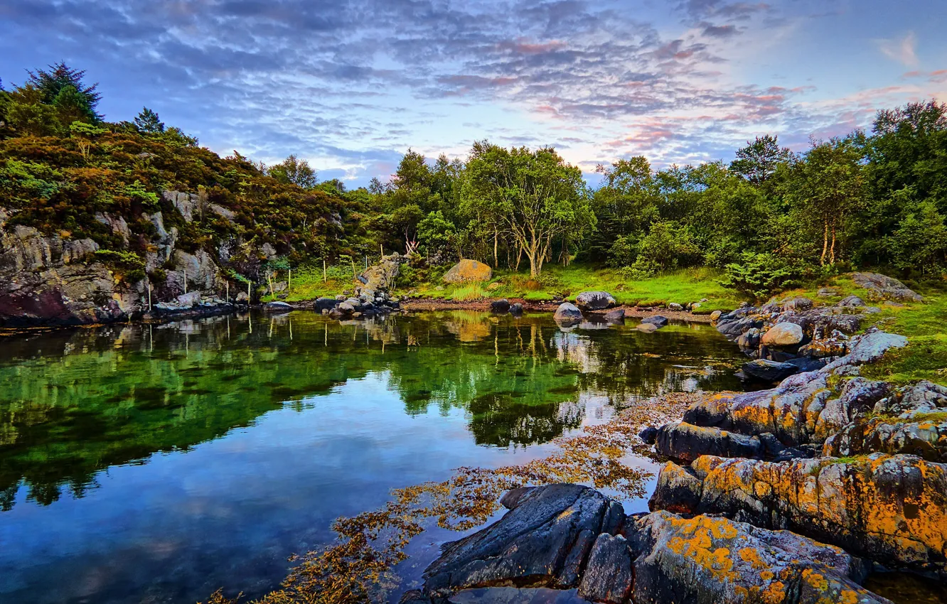 Фото обои деревья, озеро, камни, Норвегия, Norway, Rogaland, Lindøy