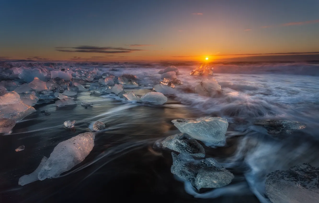 Фото обои пейзаж, закат, природа, берег, побережье, лёд, льдины