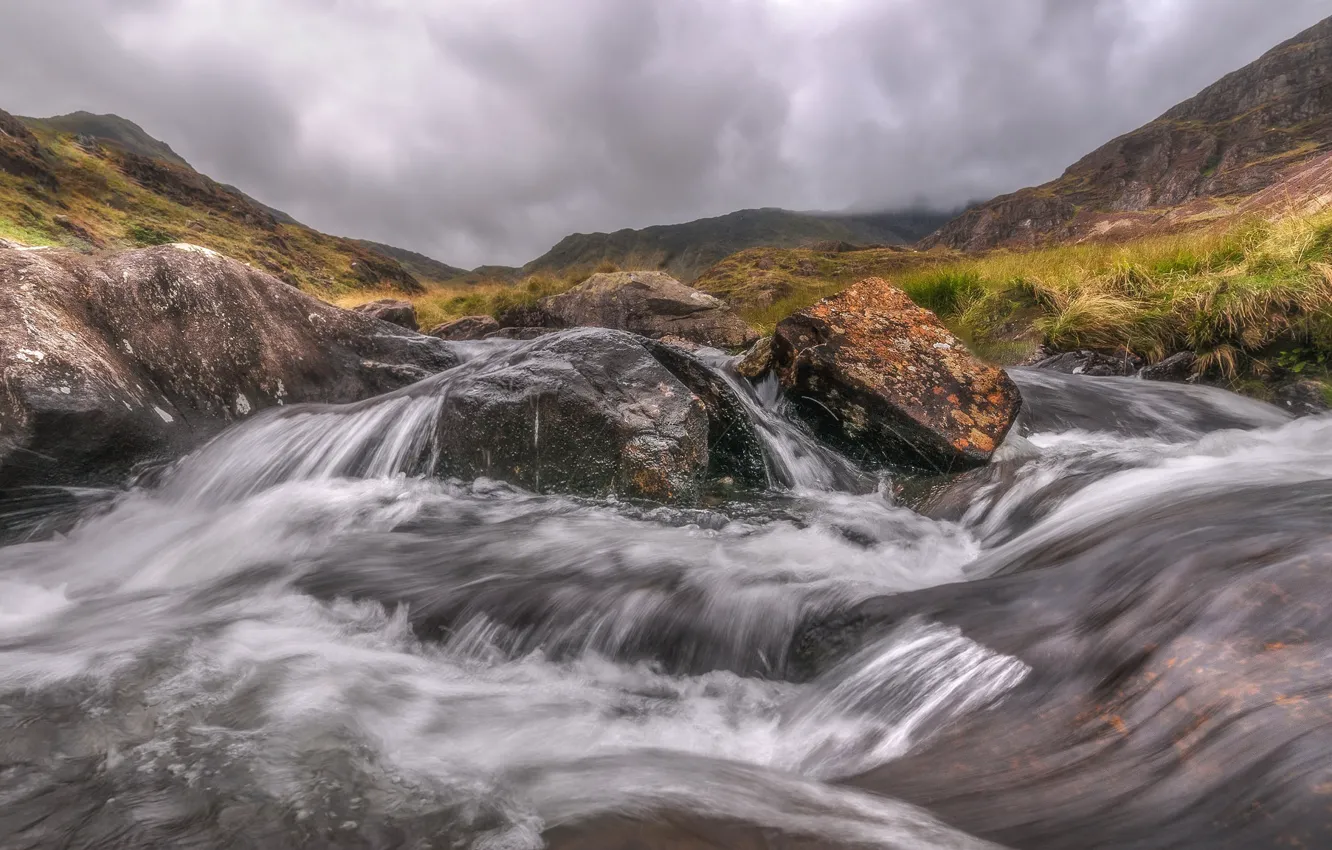 Фото обои пейзаж, горы, река, камни, поток, Уэльс