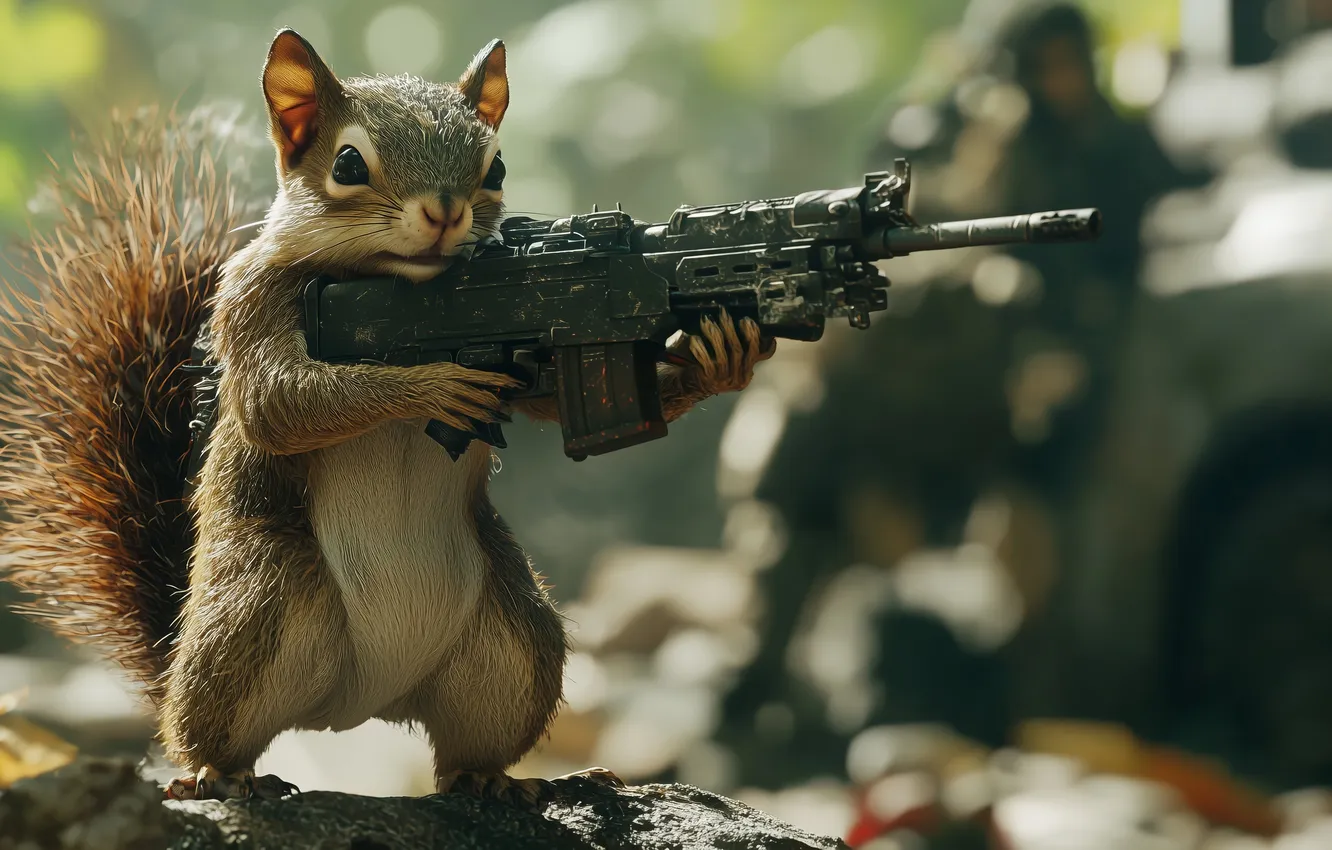 Фото обои оружие, белка, animals, machine gun, ИИ арт, AI art