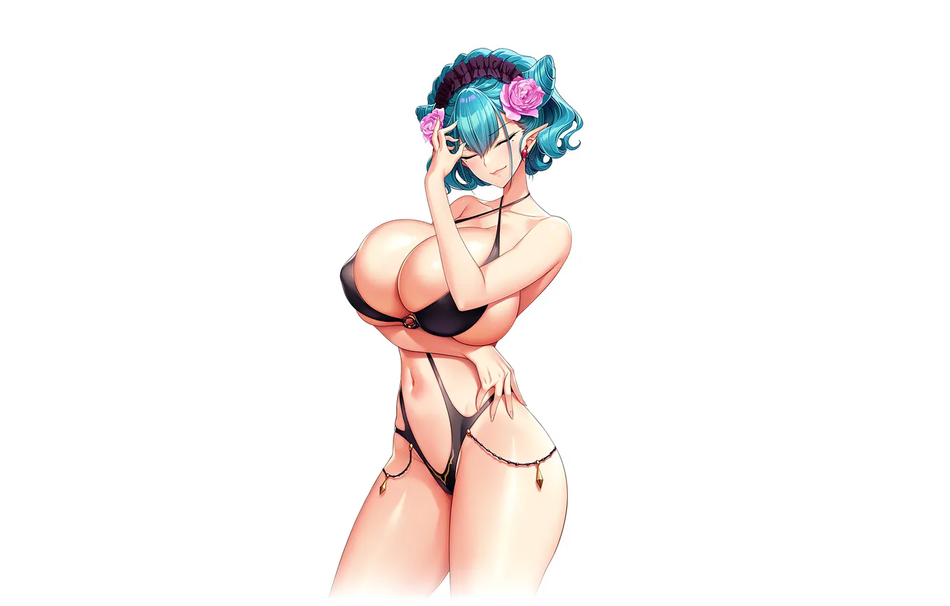 Фото обои girl, sexy, cleavage, boobs, anime, flowers, beautiful, short hair