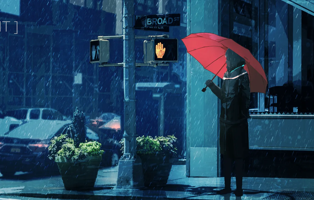Фото обои девушка, снег, город, зонт