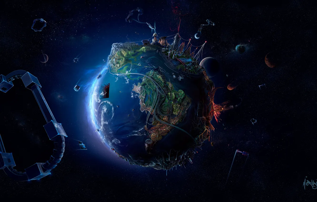 Фото обои космос, креатив, графика, планета, звёзды, арт, Земля, Earth