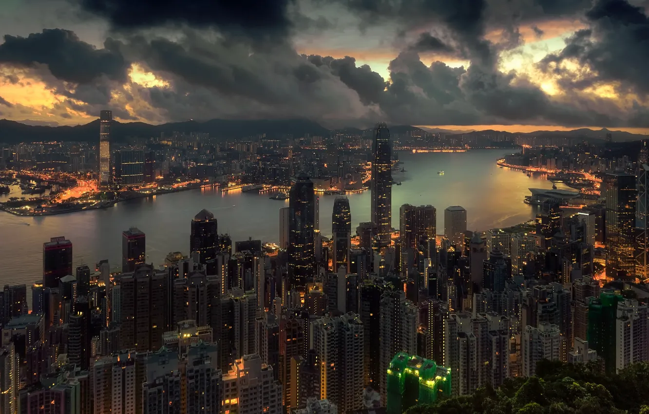 Фото обои ночь, город, Hong Kong