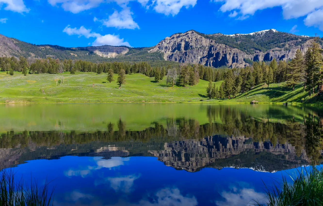 Фото обои небо, трава, деревья, горы, озеро, отражение