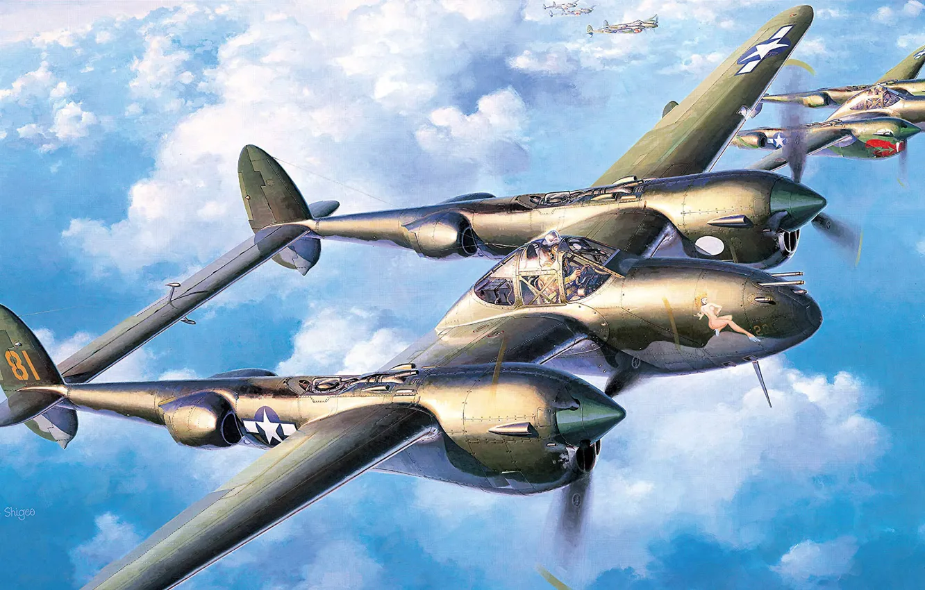 Фото обои истребитель, США, Lockheed P-38 Lightning, Тяжелый, US Airforce, Koike Shigeo, P-38L