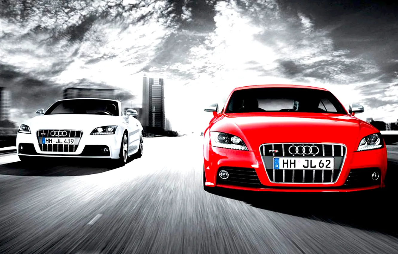 Фото обои audi, cars, competition, two cars, full speed, white and red