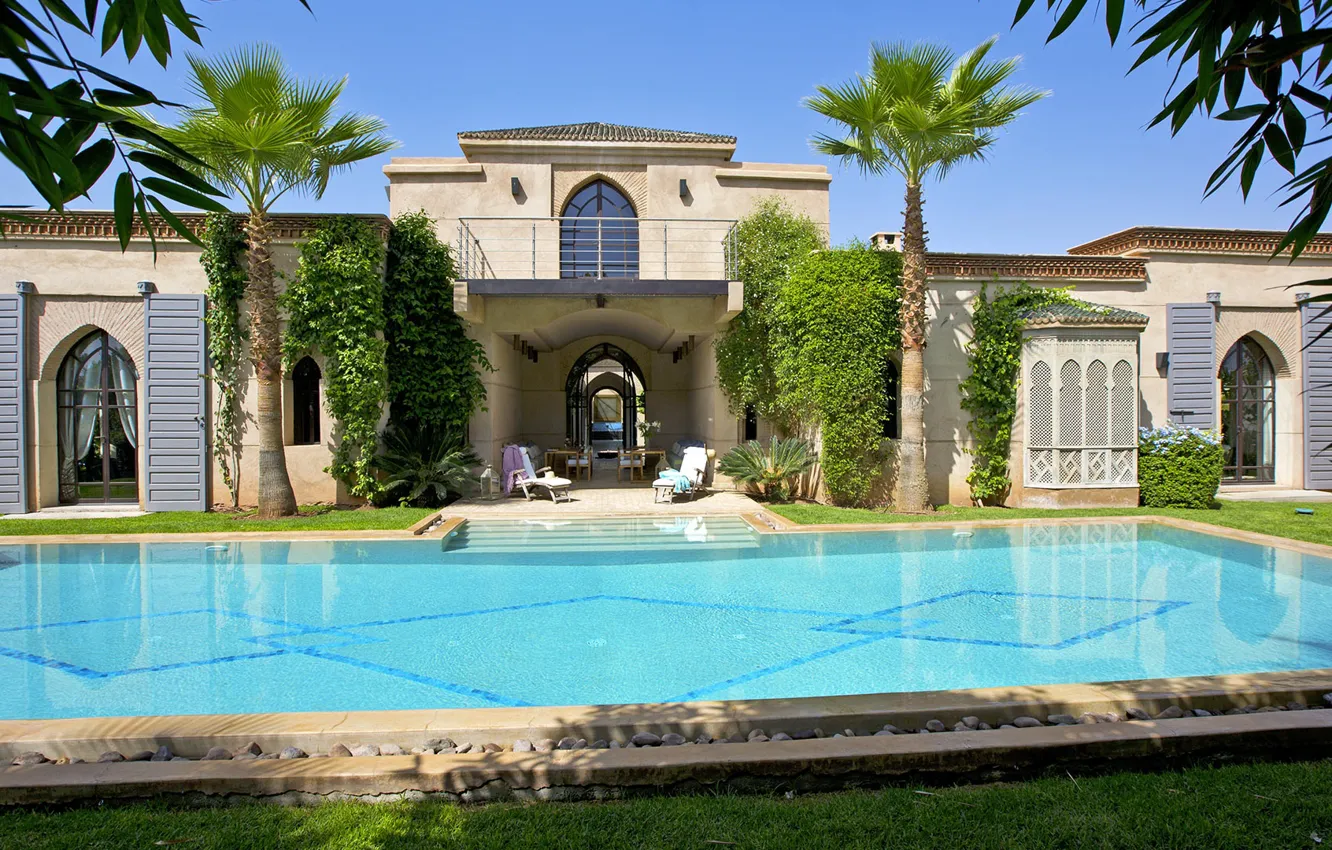 Фото обои пальмы, вилла, бассейн, архитектура, Марокко, Marrakech, Villa Amanassa