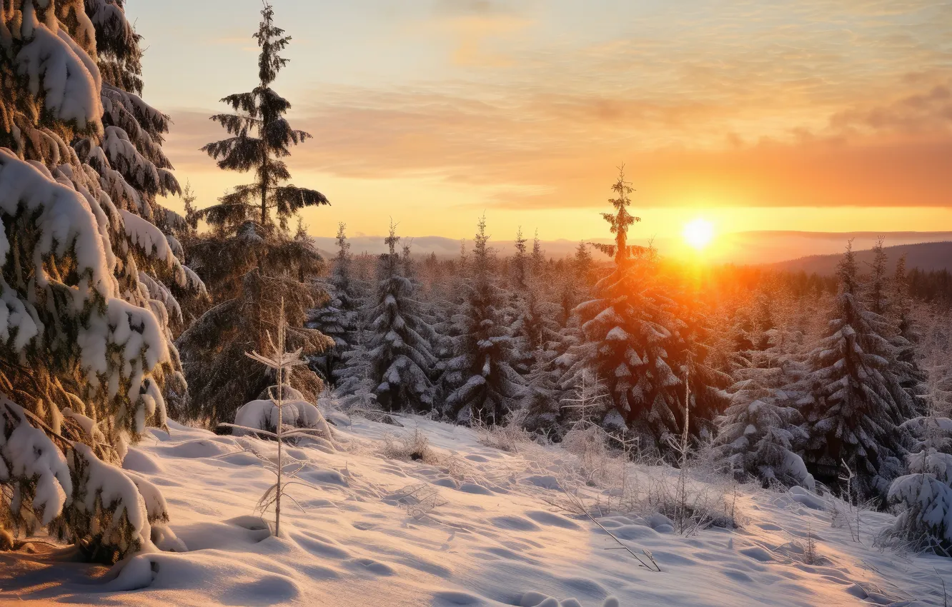 Фото обои зима, лес, снег, деревья, елки, forest, landscape, winter