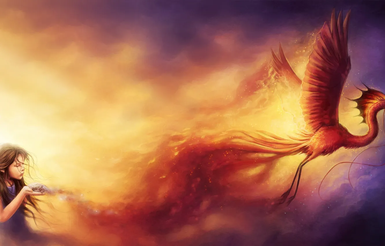 Фото обои огонь, птица, арт, девочка, феникс, sanguisgelidus