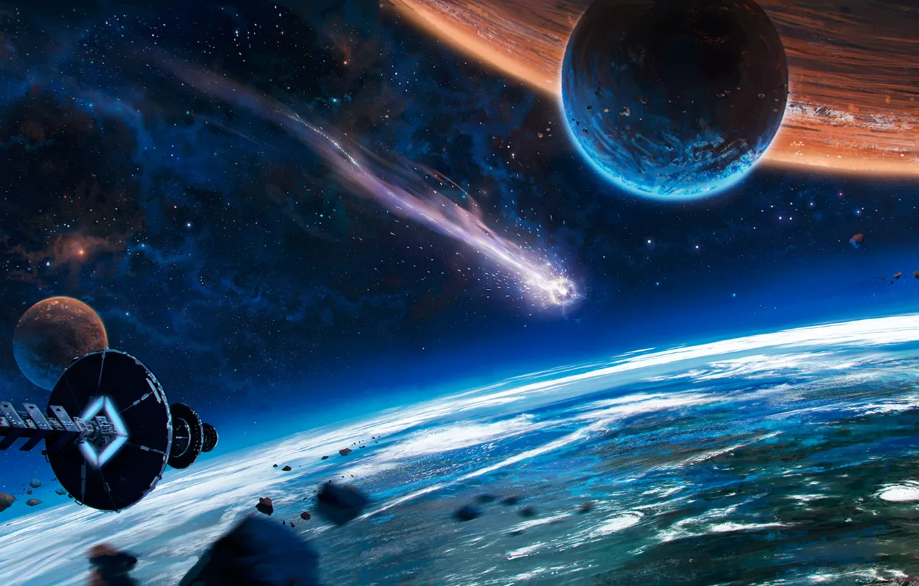 Фото обои космос, фантастика, корабль, планета, комета, орбита, spaceship