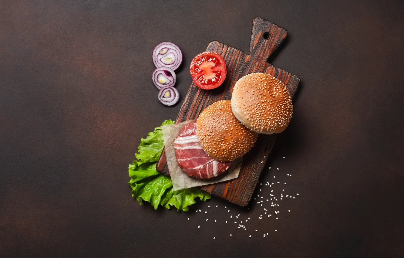Фото обои лук, мясо, гамбургер, булочки, разделочная доска