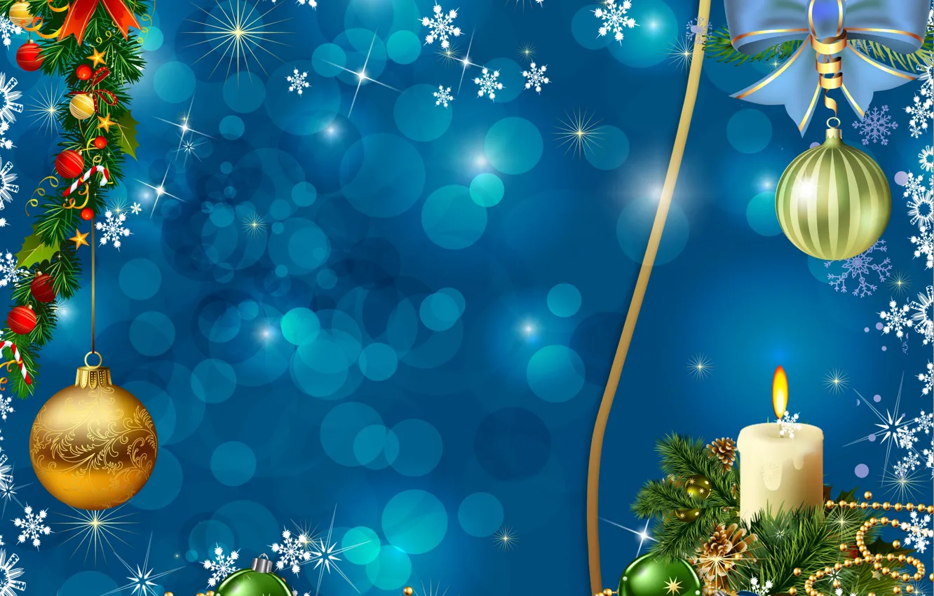 Фото обои шарики, снежинки, ветки, шары, графика, свеча, Рождество, Новый год