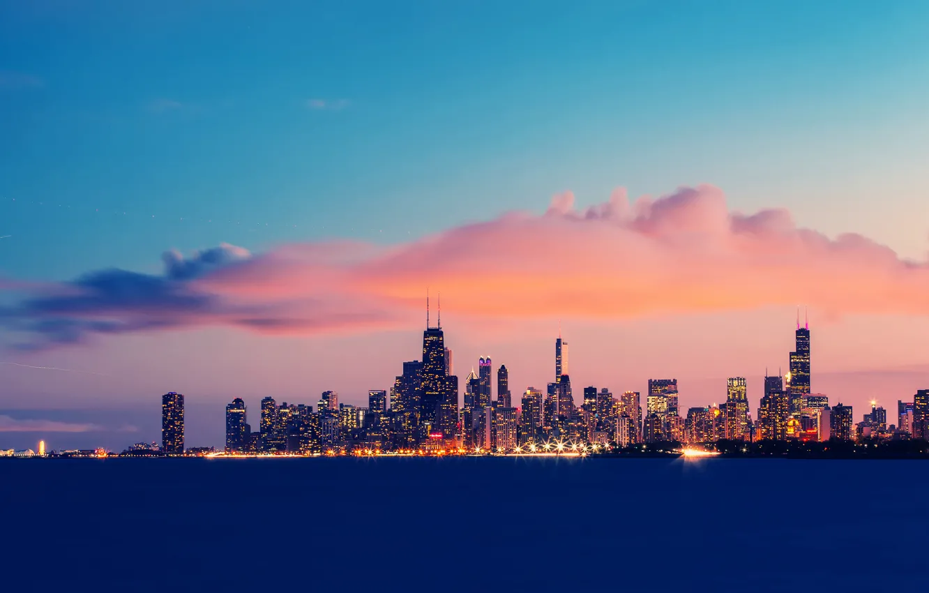 Фото обои небо, облака, закат, вечер, выдержка, Чикаго, США, Иллинойс