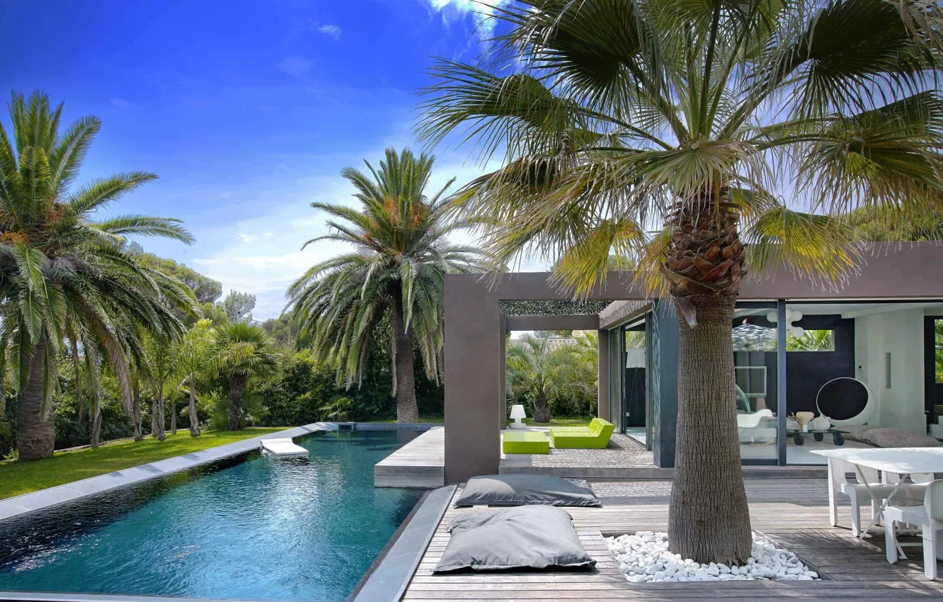 Фото обои пальмы, вилла, бассейн, архитектура, терраса, открытое пространство
