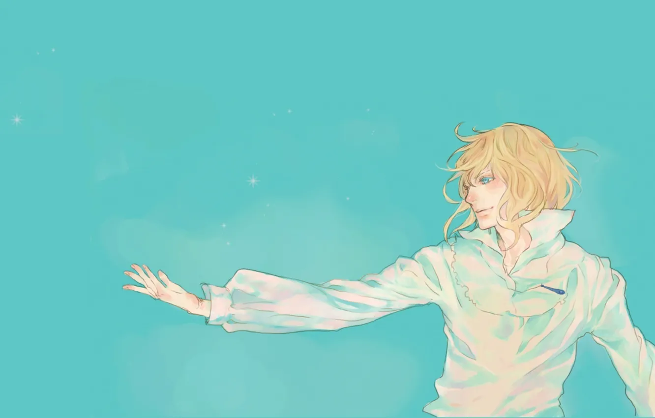 Фото обои звезды, рука, кулон, рубашка, парень, art, голубой фон, Hayao Miyazaki