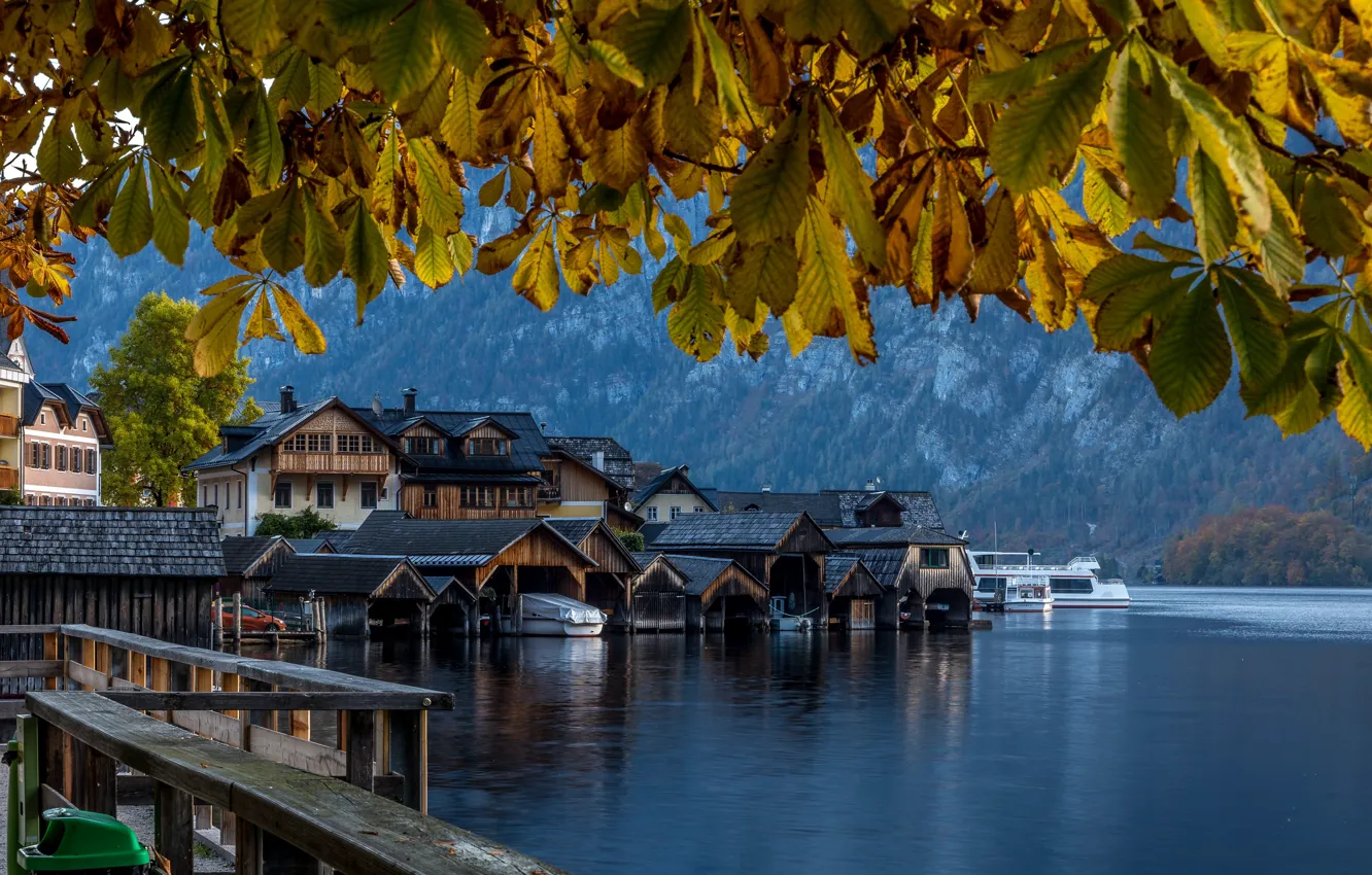 Фото обои осень, листья, пейзаж, ветки, природа, озеро, дома, Австрия