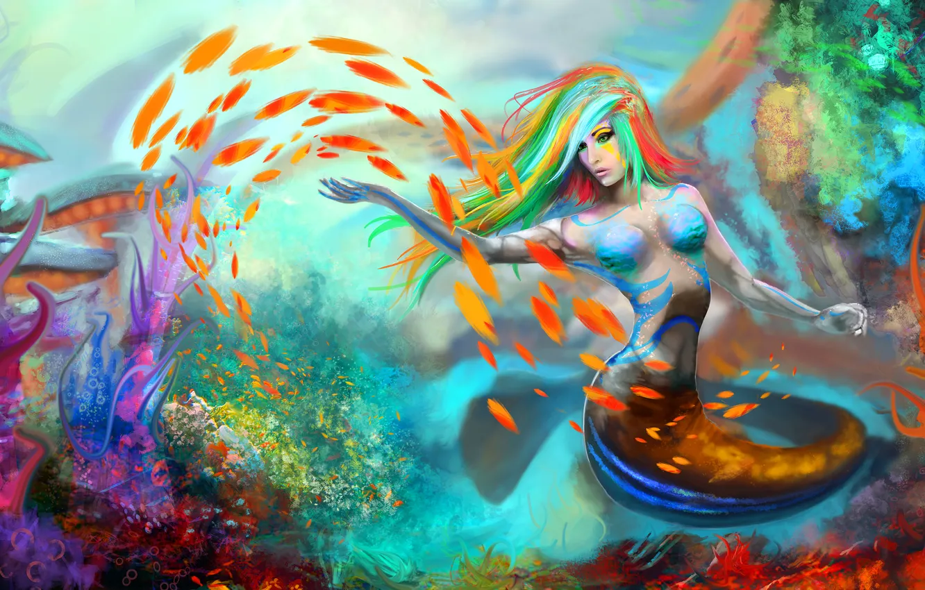 Фото обои взгляд, девушка, рыбки, лицо, фантастика, океан, краски, волосы