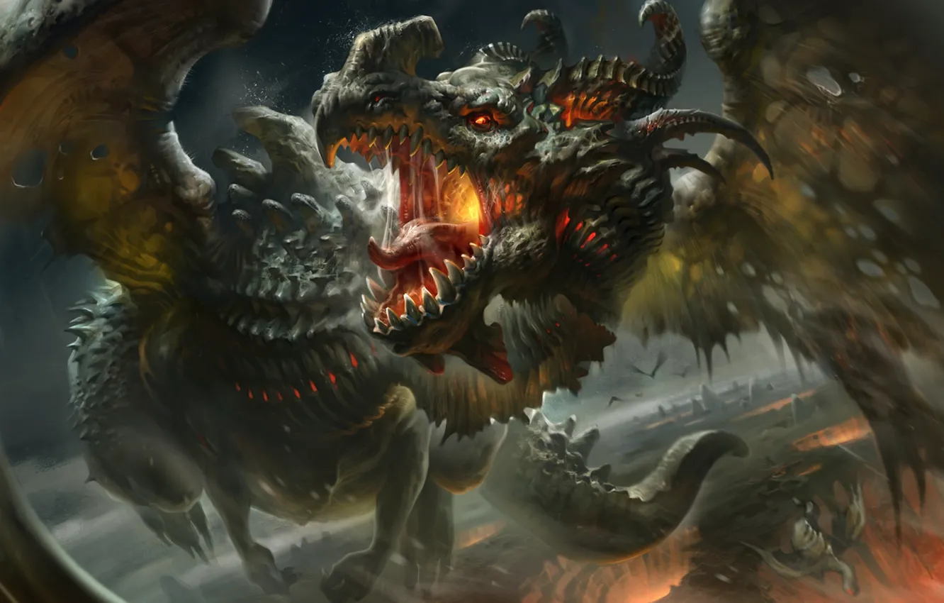 Фото обои морда, огонь, дракон, крылья, зубы, клыки, art