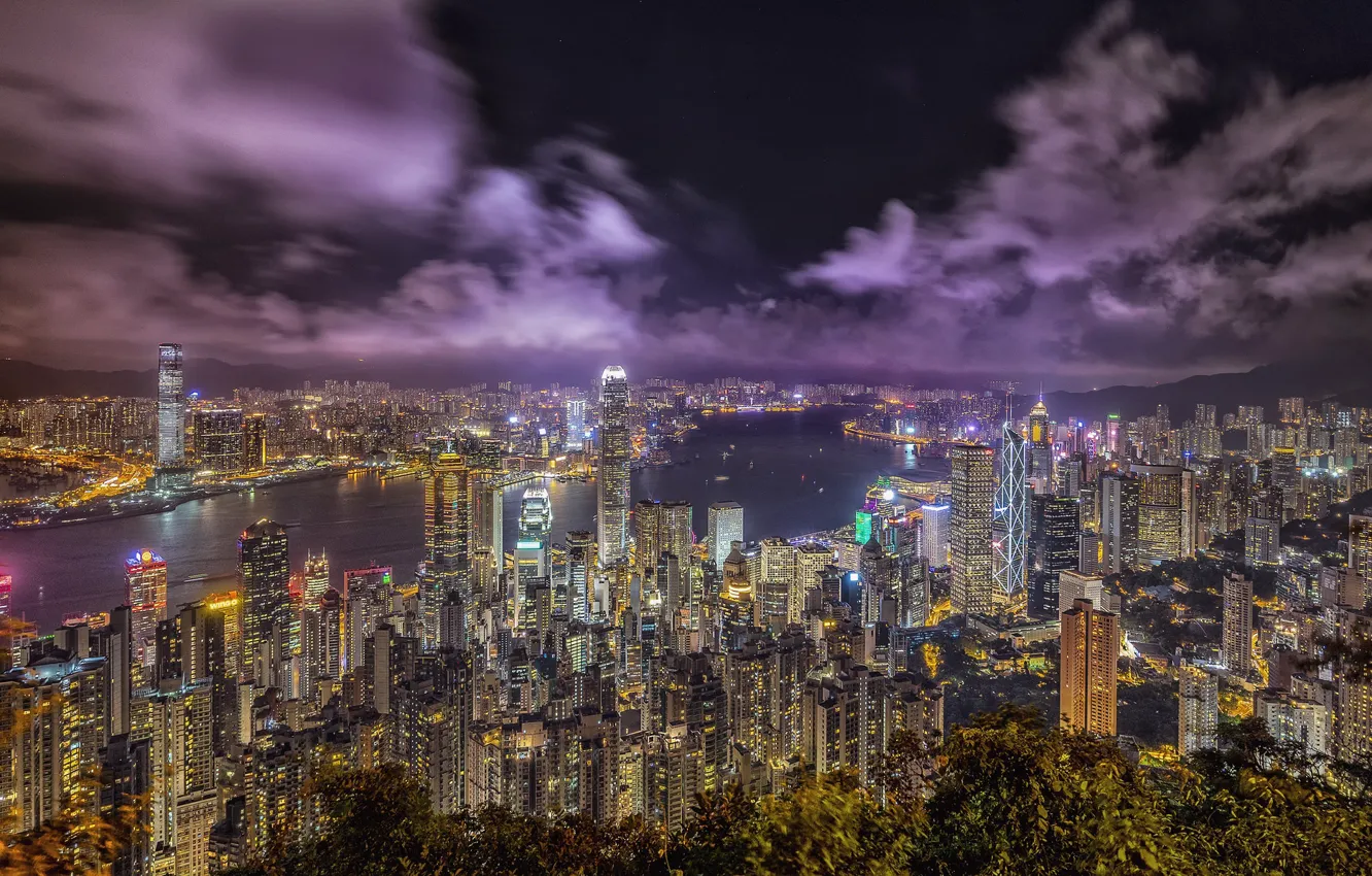 Фото обои ночь, огни, Гонконг, Hong Kong