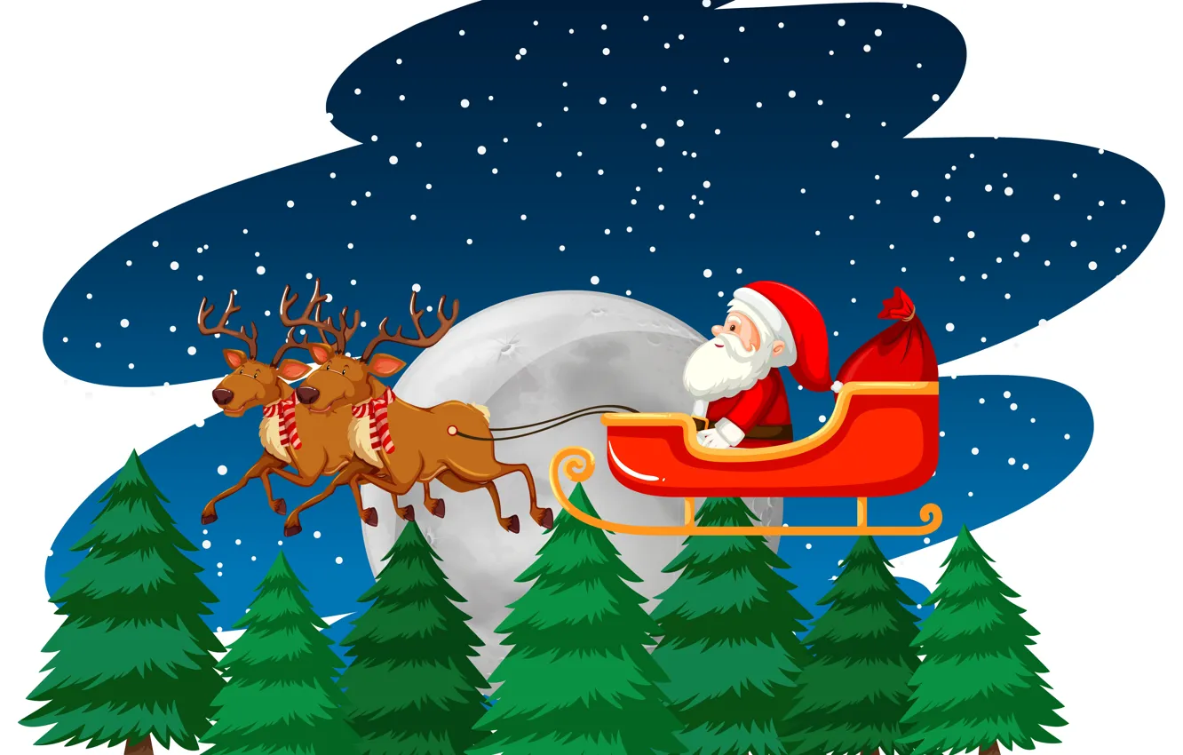 Фото обои Зима, Ночь, Снег, Рождество, Новый год, Санта Клаус, Олени, Ёлки