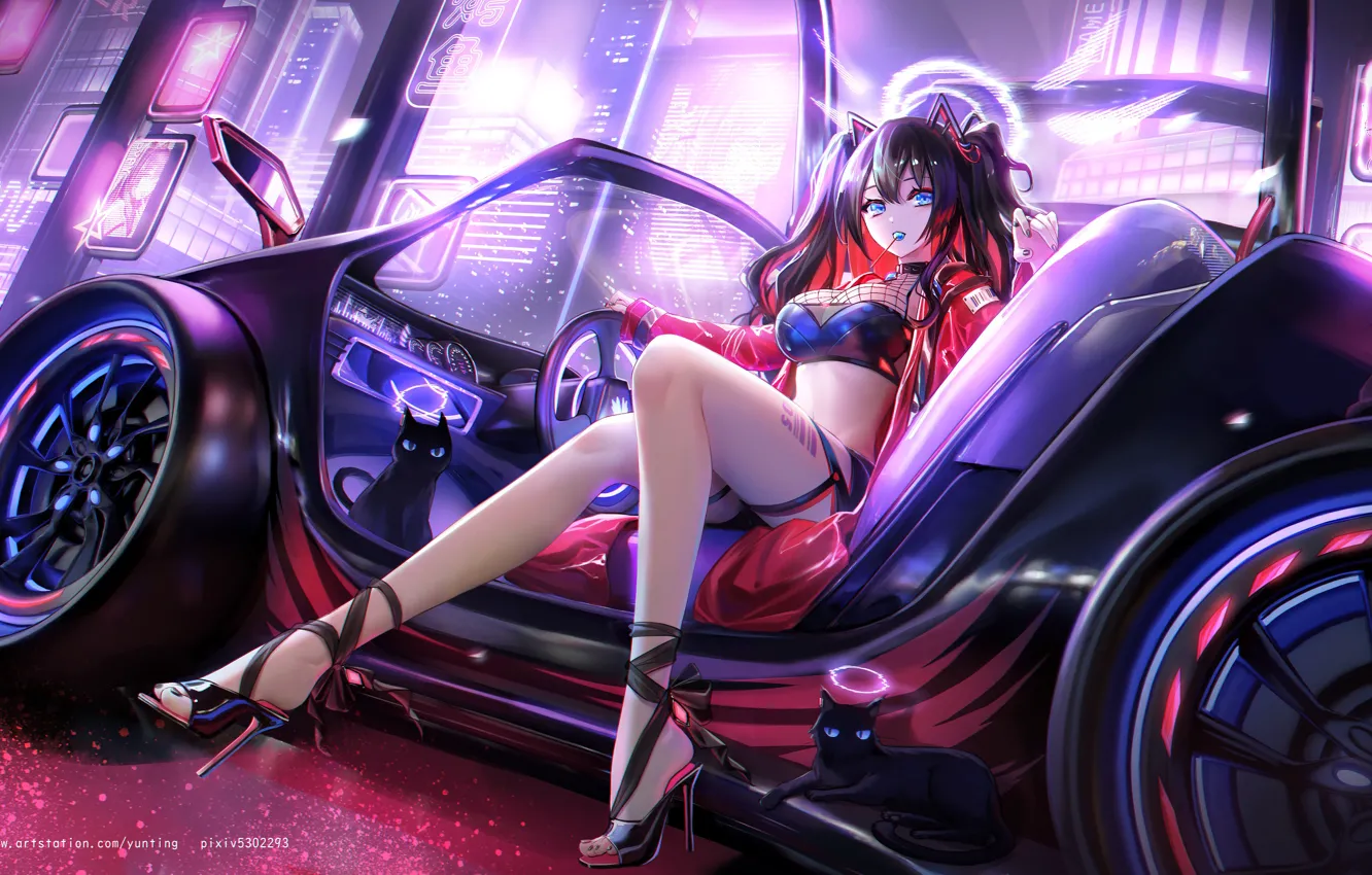 Фото обои car, girl, sexy, legs, anime, beautiful