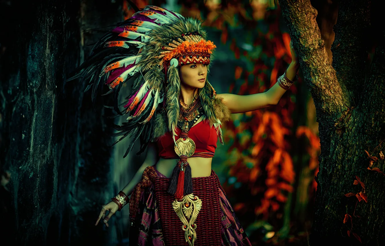 Фото обои взгляд, девушка, украшения, природа, темный фон, дерево, юбка, перья