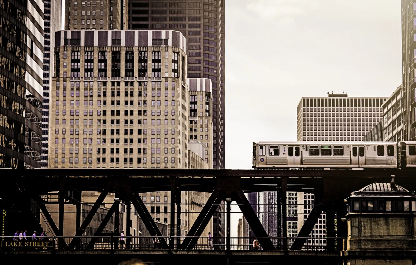 Фото обои мост, здания, поезд, дома, Чикаго, USA, Chicago, illinois