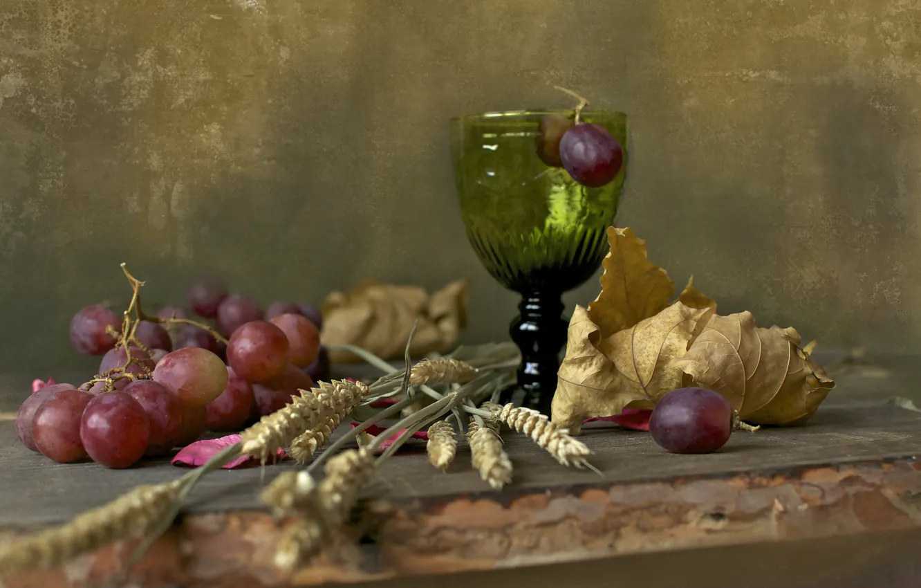 Фото обои листья, ягоды, бокал, виноград, колосья, доска, натюрморт, still life