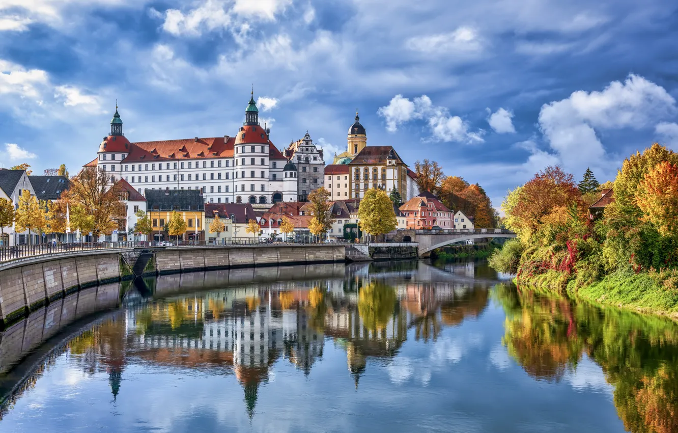 Фото обои город, отражение, река, здания, дома, Германия, Бавария, Дунай