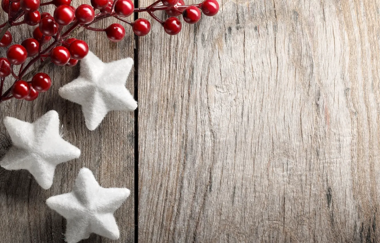 Фото обои звезды, украшения, ягоды, Новый Год, Рождество, Christmas, wood, decoration