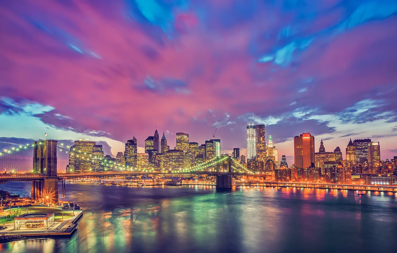 Фото обои Манхэттен, New York City, бруклинский мост, Нью-Йорка