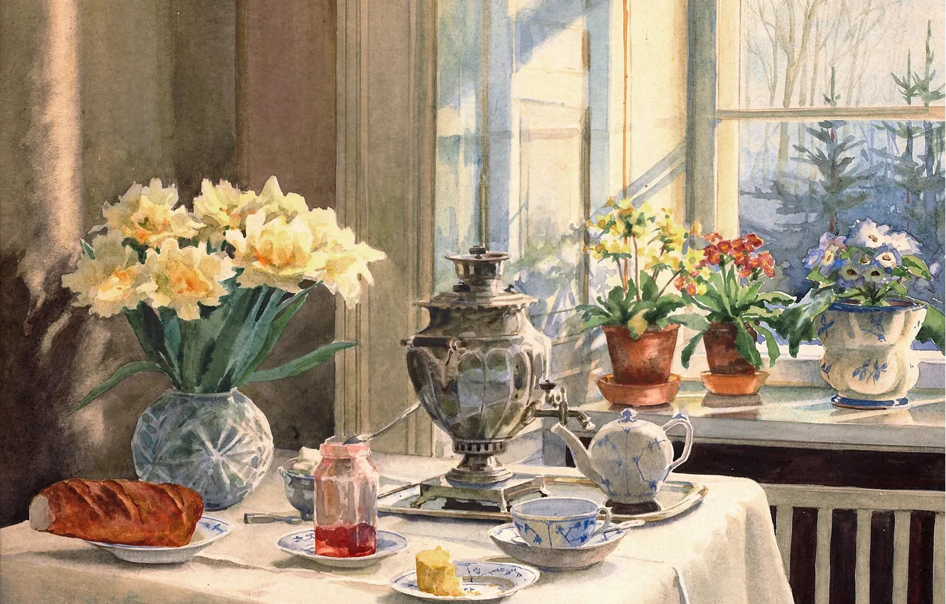 Фото обои цветы, стол, чайник, окно, ваза, самовар, варенье, батон