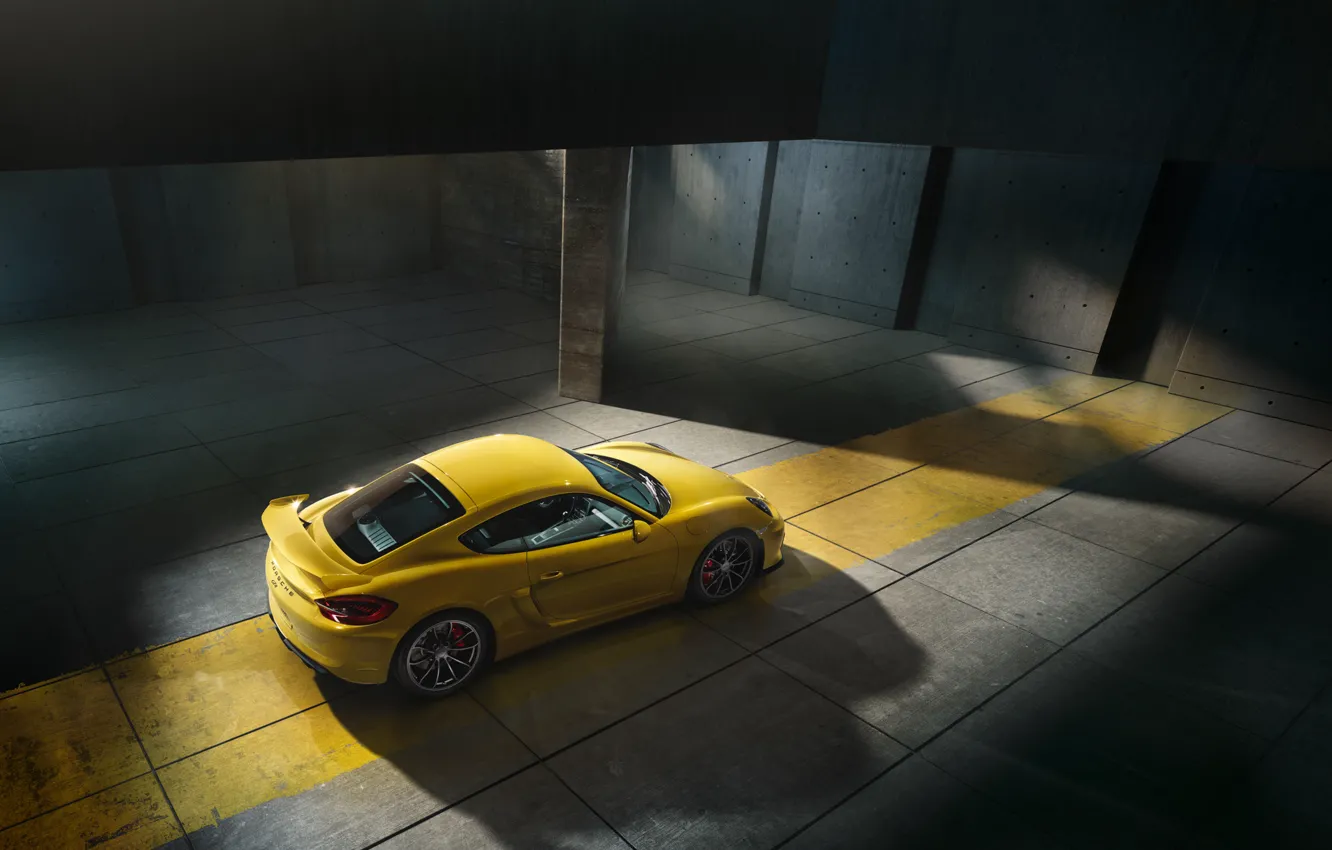 Фото обои Porsche, Cayman, Yellow, Parking, Supercar, GT4, 2015, Top View